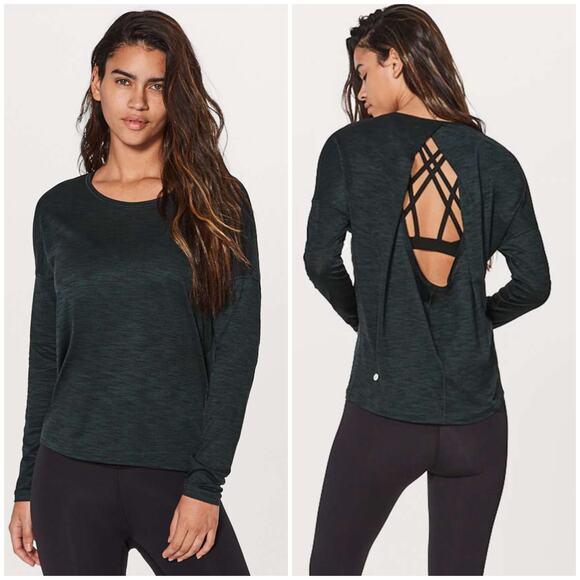 Lululemon Get Set Long Sleeve Heathered Dark Emerald Black Size 10 Keyhole Back - Picture 1 of 5